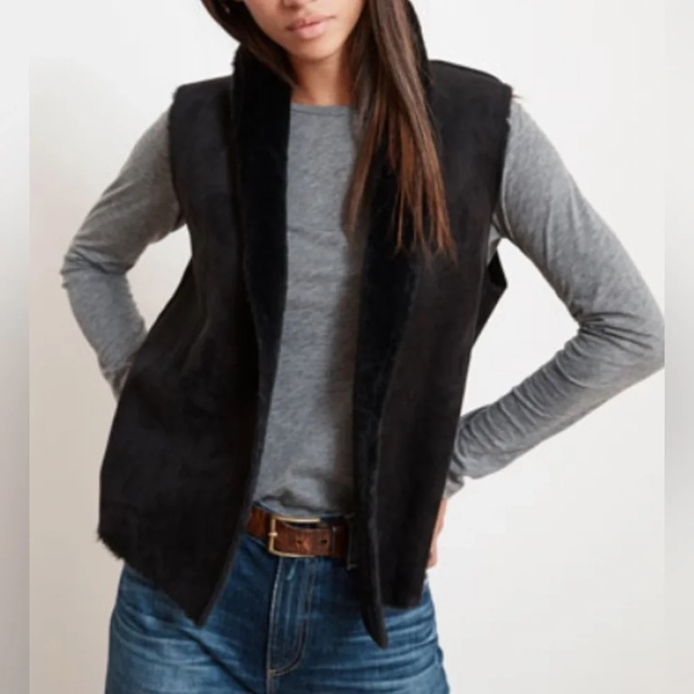 Lauren Ralph Lauren Black Faux Suede Fur Lined Sleeveless Vest Size Large - Picture 1 of 12